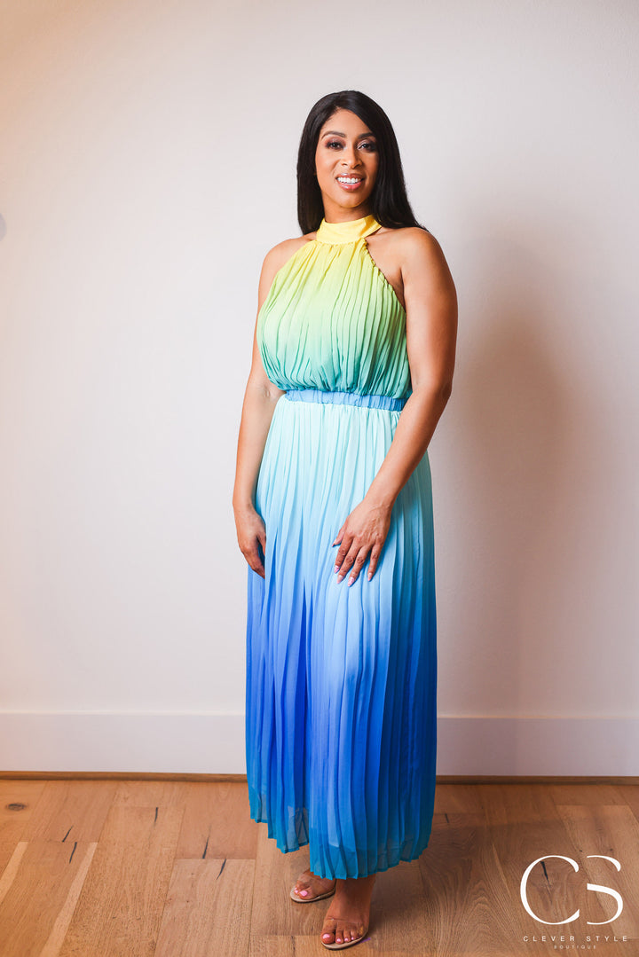 Sleeveless Halter Pleated Ombre Maxi Dress