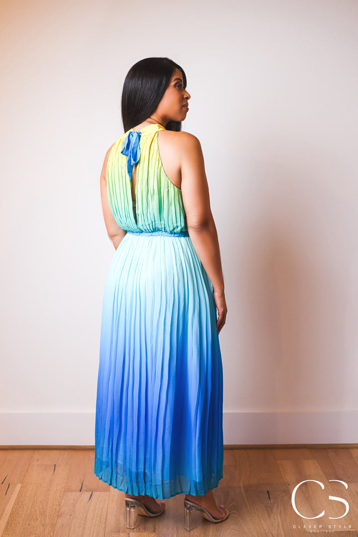 Sleeveless Halter Pleated Ombre Maxi Dress