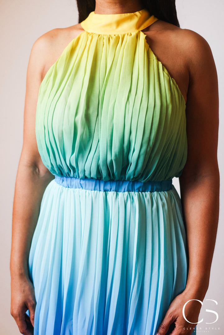 Sleeveless Halter Pleated Ombre Maxi Dress